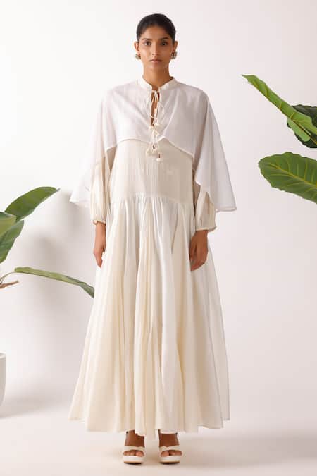 Nikasha Cream Cotton Fabric Flowers Round Neck Jamdani Godet Cape Dress 