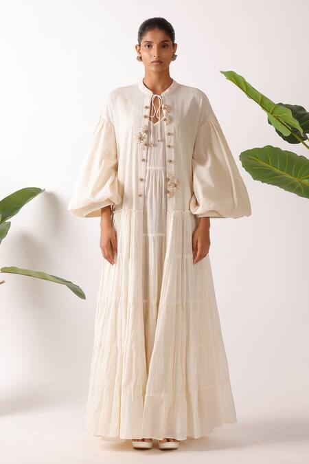 Nikasha Cream Cotton Round Neck Seersucker Tiered Jacket 
