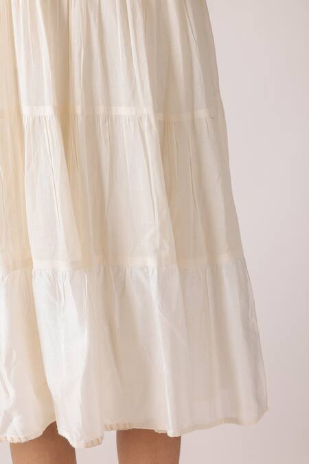 Shop Nikasha Cream Cotton Fabric Flowers Round Neck Jamdani Embroidered Yoke Tier Dress Shop_Nikasha_Cream Cotton Fabric Flowers Round Neck Jamdani Embroidered Yoke Tier Dress