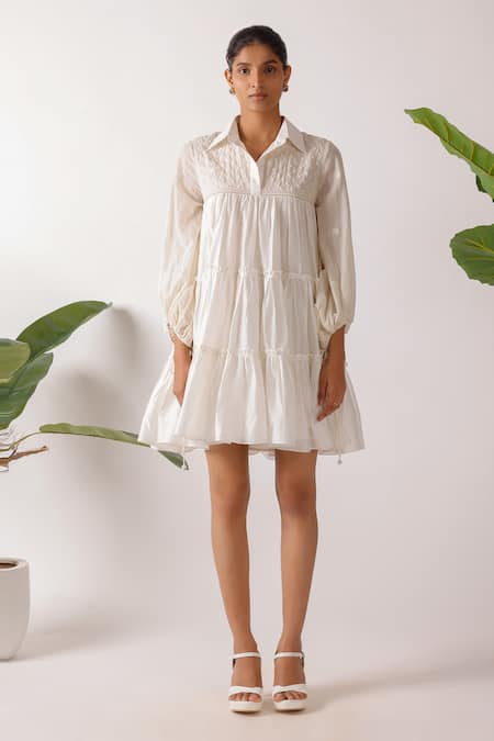 Buy_Nikasha_Cream Chanderi Embroidery Collared Jamdani Dress_Online_at_Aza_Fashions