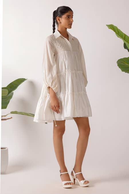 Shop_Nikasha_Cream Chanderi Embroidery Collared Jamdani Dress_Online_at_Aza_Fashions