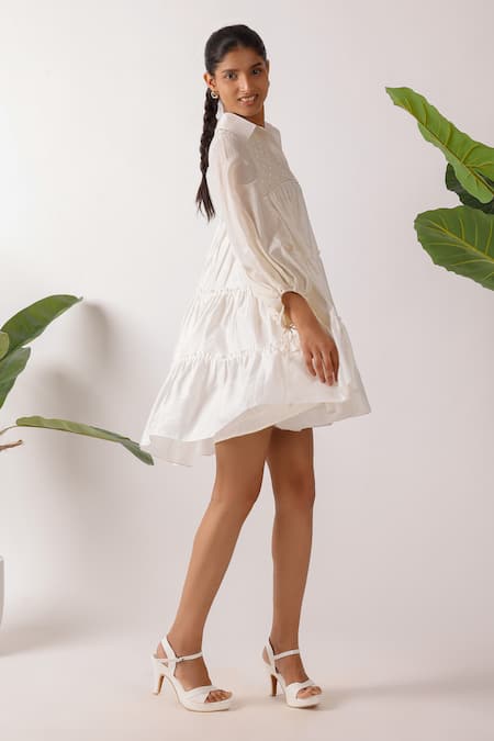 Nikasha_Cream Chanderi Embroidery Collared Jamdani Dress_at_Aza_Fashions