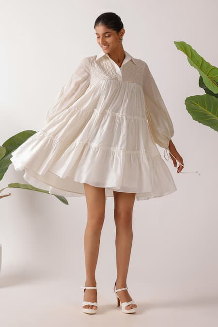 Buy_Nikasha_Cream Chanderi Embroidery Collared Jamdani Dress