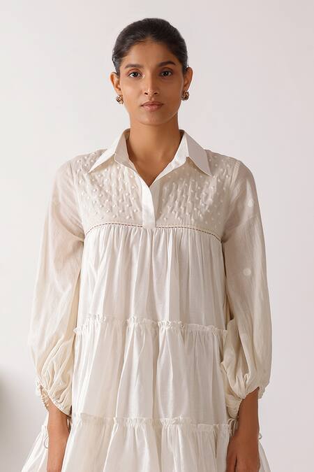 Shop_Nikasha_Cream Chanderi Embroidery Collared Jamdani Dress