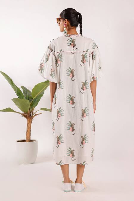Shop Nikasha Off White Cotton Mandarin Collar Balloon Sleeve Leopard Print Midi Dress at Aza Fashions Shop_Nikasha_Off White Cotton Mandarin Collar Balloon Sleeve Leopard Print Midi Dress_at_Aza_Fashions