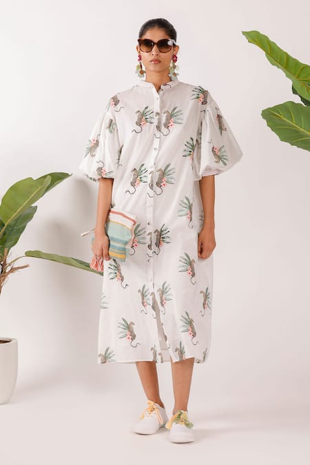 Nikasha Off White Cotton Mandarin Collar Balloon Sleeve Leopard Print Midi Dress 