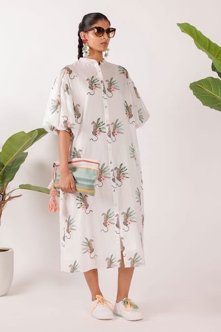 Nikasha Off White Cotton Mandarin Collar Balloon Sleeve Leopard Print Midi Dress Online at Aza Fashions Nikasha_Off White Cotton Mandarin Collar Balloon Sleeve Leopard Print Midi Dress_Online_at_Aza_Fashions
