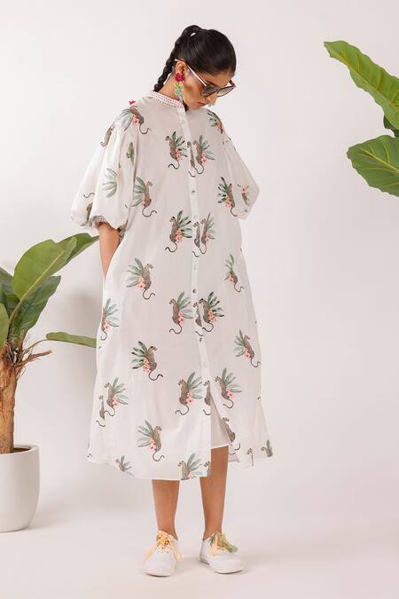 Shop Nikasha Off White Cotton Mandarin Collar Balloon Sleeve Leopard Print Midi Dress Online at Aza Fashions Shop_Nikasha_Off White Cotton Mandarin Collar Balloon Sleeve Leopard Print Midi Dress_Online_at_Aza_Fashions