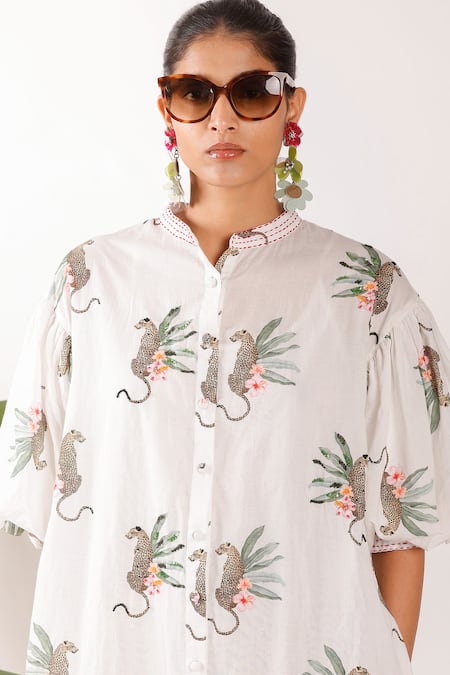 Nikasha Off White Cotton Mandarin Collar Balloon Sleeve Leopard Print Midi Dress at Aza Fashions Nikasha_Off White Cotton Mandarin Collar Balloon Sleeve Leopard Print Midi Dress_at_Aza_Fashions