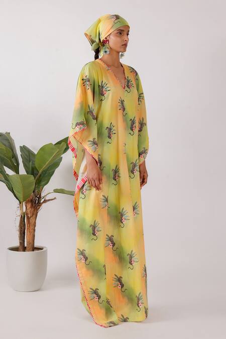 Nikasha Yellow Cotton V-neck Leopard Print Kaftan Online at Aza Fashions Nikasha_Yellow Cotton V-neck Leopard Print Kaftan_Online_at_Aza_Fashions