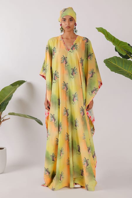 Buy Nikasha Yellow Cotton V-neck Leopard Print Kaftan Online at Aza Fashions Buy_Nikasha_Yellow Cotton V-neck Leopard Print Kaftan_Online_at_Aza_Fashions