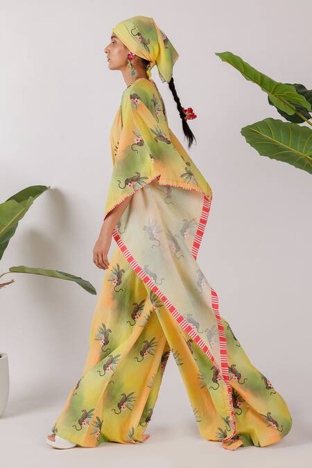 Shop Nikasha Yellow Cotton V-neck Leopard Print Kaftan Online at Aza Fashions Shop_Nikasha_Yellow Cotton V-neck Leopard Print Kaftan_Online_at_Aza_Fashions