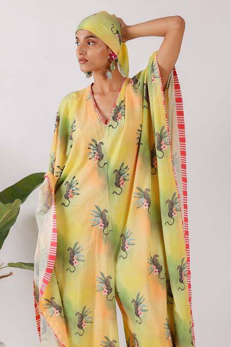 Nikasha Yellow Cotton V-neck Leopard Print Kaftan at Aza Fashions Nikasha_Yellow Cotton V-neck Leopard Print Kaftan_at_Aza_Fashions