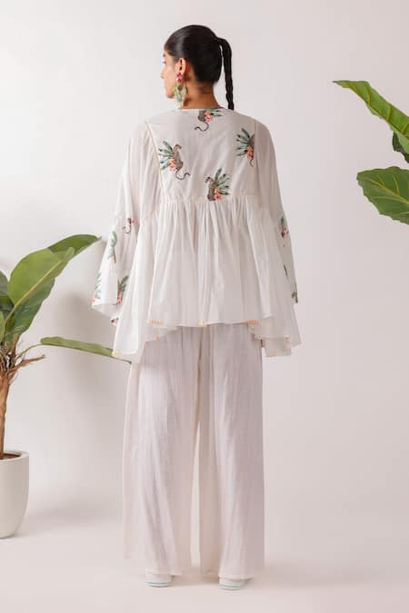 Shop_Nikasha_Ivory Cotton Embroidery Round Neck Hand Leopard Print Top_at_Aza_Fashions