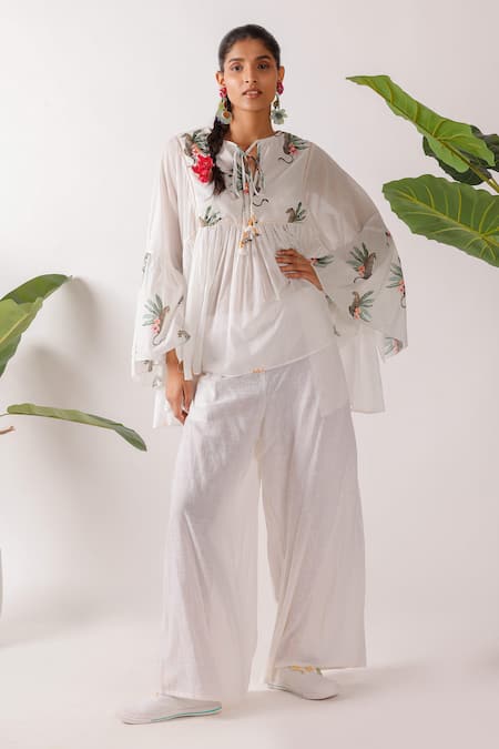 Nikasha Ivory Cotton Embroidery Round Neck Hand Leopard Print Top 