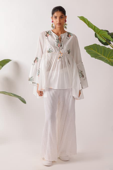 Buy_Nikasha_Ivory Cotton Embroidery Round Neck Hand Leopard Print Top_Online_at_Aza_Fashions