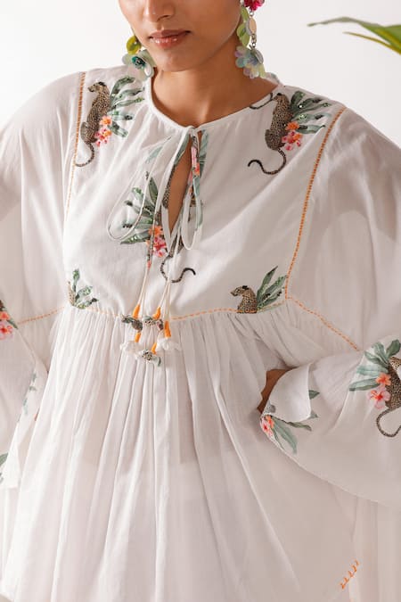 Nikasha_Ivory Cotton Embroidery Round Neck Hand Leopard Print Top_at_Aza_Fashions