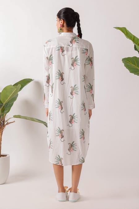 Shop Nikasha Ivory Cotton Collared Leopard Print Shirt Midi Dress at Aza Fashions Shop_Nikasha_Ivory Cotton Collared Leopard Print Shirt Midi Dress_at_Aza_Fashions