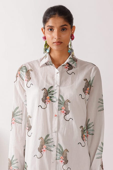 Nikasha Ivory Cotton Collared Leopard Print Shirt Midi Dress Online at Aza Fashions Nikasha_Ivory Cotton Collared Leopard Print Shirt Midi Dress_Online_at_Aza_Fashions