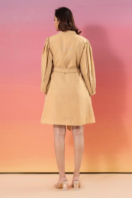 Shop Savaaya Beige Linen V-neck Blend Dress With Belt at Aza Fashions Shop_Savaaya_Beige Linen V-neck Blend Dress With Belt _at_Aza_Fashions