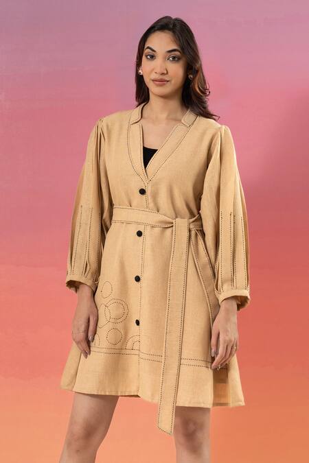 Savaaya Beige Linen V-neck Blend Dress With Belt Online at Aza Fashions Savaaya_Beige Linen V-neck Blend Dress With Belt _Online_at_Aza_Fashions
