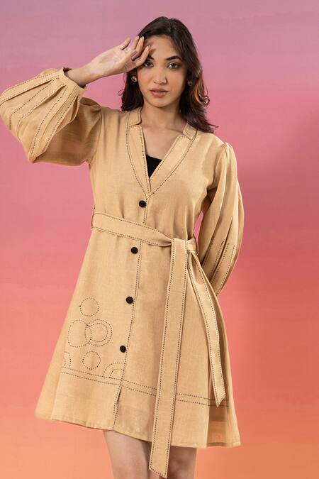 Buy Savaaya Beige Linen V-neck Blend Dress With Belt Online at Aza Fashions Buy_Savaaya_Beige Linen V-neck Blend Dress With Belt _Online_at_Aza_Fashions