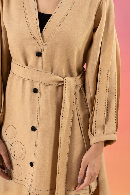 Shop Savaaya Beige Linen V-neck Blend Dress With Belt Online at Aza Fashions Shop_Savaaya_Beige Linen V-neck Blend Dress With Belt _Online_at_Aza_Fashions