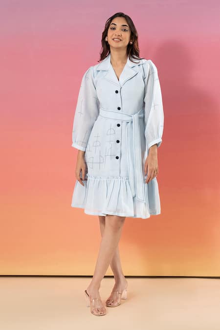 Savaaya Blue Linen Collared Light Blend Dress Online at Aza Fashions Savaaya_Blue Linen Collared Light Blend Dress _Online_at_Aza_Fashions
