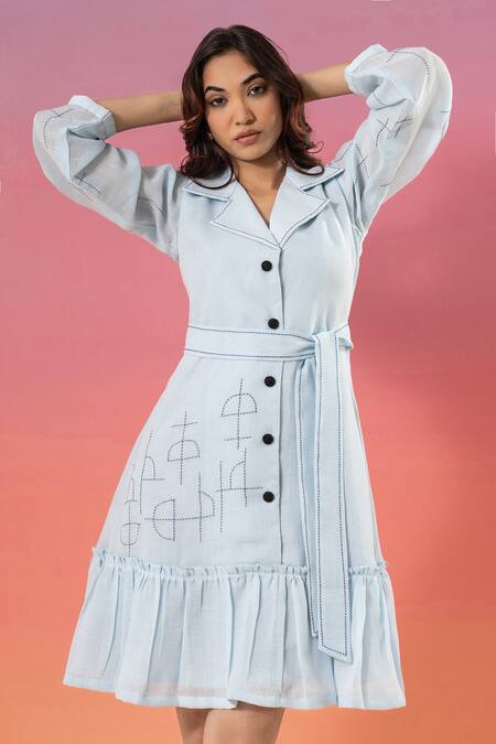 Shop Savaaya Blue Linen Collared Light Blend Dress Online at Aza Fashions Shop_Savaaya_Blue Linen Collared Light Blend Dress _Online_at_Aza_Fashions