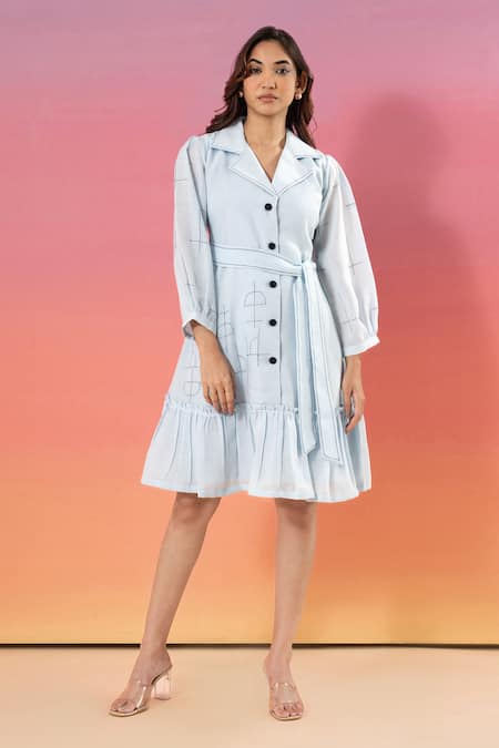 Savaaya Blue Linen Collared Light Blend Dress 