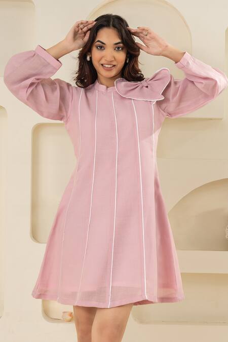 Savaaya Pink Linen Bows High Neck Blend Dress With Online at Aza Fashions Savaaya_Pink Linen Bows High Neck Blend Dress With _Online_at_Aza_Fashions