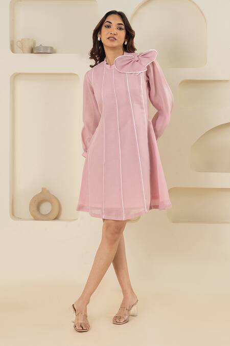 Buy Savaaya Pink Linen Bows High Neck Blend Dress With Online at Aza Fashions Buy_Savaaya_Pink Linen Bows High Neck Blend Dress With _Online_at_Aza_Fashions