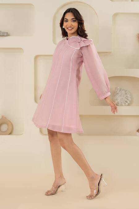 Shop Savaaya Pink Linen Bows High Neck Blend Dress With Online at Aza Fashions Shop_Savaaya_Pink Linen Bows High Neck Blend Dress With _Online_at_Aza_Fashions