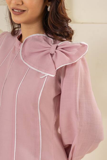 Savaaya Pink Linen Bows High Neck Blend Dress With at Aza Fashions Savaaya_Pink Linen Bows High Neck Blend Dress With _at_Aza_Fashions