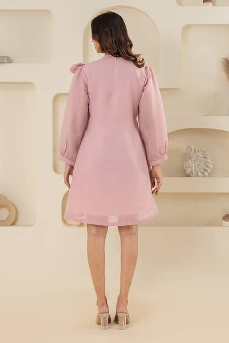 Shop Savaaya Pink Linen Bows High Neck Blend Dress With at Aza Fashions Shop_Savaaya_Pink Linen Bows High Neck Blend Dress With _at_Aza_Fashions