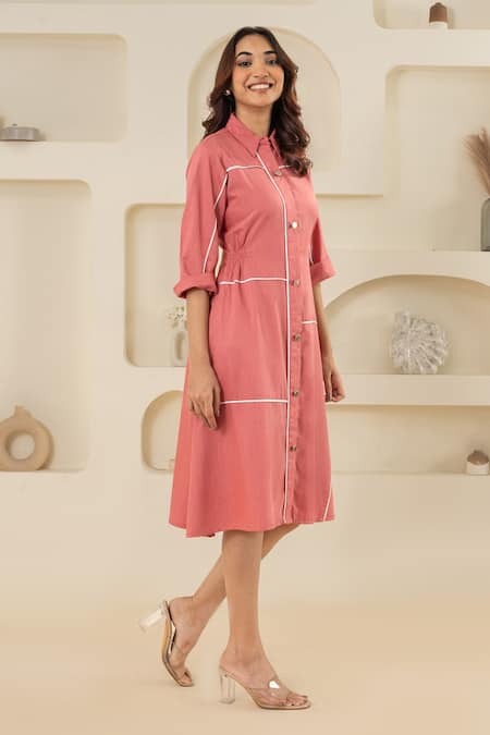 Savaaya Pink Cotton, Denim Collared Midi Dress Online at Aza Fashions Savaaya_Pink Cotton, Denim Collared Midi Dress _Online_at_Aza_Fashions