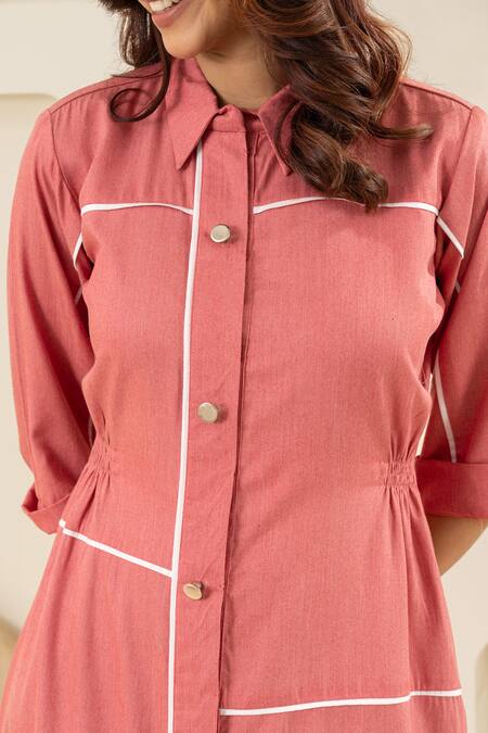 Shop Savaaya Pink Cotton, Denim Collared Midi Dress Online at Aza Fashions Shop_Savaaya_Pink Cotton, Denim Collared Midi Dress _Online_at_Aza_Fashions