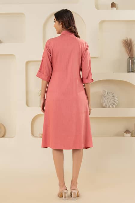 Shop Savaaya Pink Cotton, Denim Collared Midi Dress at Aza Fashions Shop_Savaaya_Pink Cotton, Denim Collared Midi Dress _at_Aza_Fashions