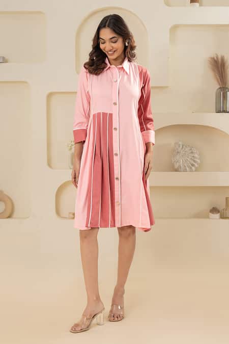 Savaaya Pink Cotton, Denim Collared Light And Dark Dress Online at Aza Fashions Savaaya_Pink Cotton, Denim Collared Light And Dark Dress _Online_at_Aza_Fashions
