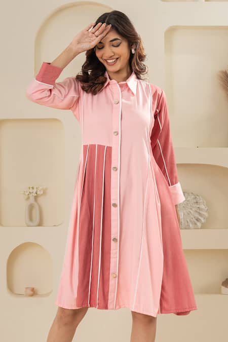 Shop Savaaya Pink Cotton, Denim Collared Light And Dark Dress Online at Aza Fashions Shop_Savaaya_Pink Cotton, Denim Collared Light And Dark Dress _Online_at_Aza_Fashions