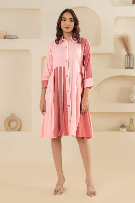 Savaaya Pink Cotton, Denim Collared Light And Dark Dress 