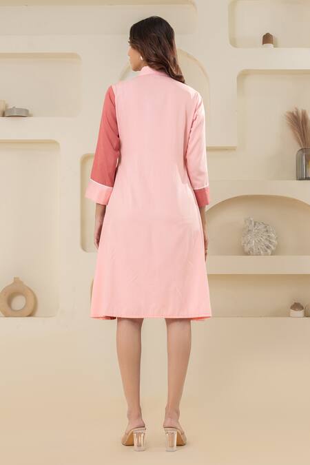 Shop Savaaya Pink Cotton, Denim Collared Light And Dark Dress at Aza Fashions Shop_Savaaya_Pink Cotton, Denim Collared Light And Dark Dress _at_Aza_Fashions
