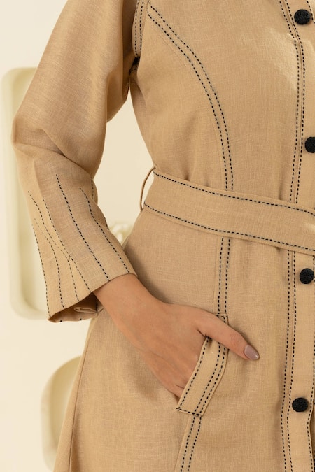 Savaaya Beige Linen Collared Blend Midi Dress With Belt Online at Aza Fashions Savaaya_Beige Linen Collared Blend Midi Dress With Belt _Online_at_Aza_Fashions