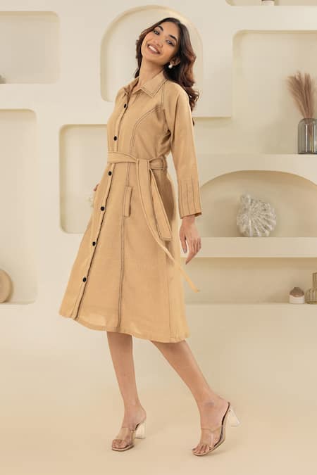 Shop Savaaya Beige Linen Collared Blend Midi Dress With Belt Online at Aza Fashions Shop_Savaaya_Beige Linen Collared Blend Midi Dress With Belt _Online_at_Aza_Fashions