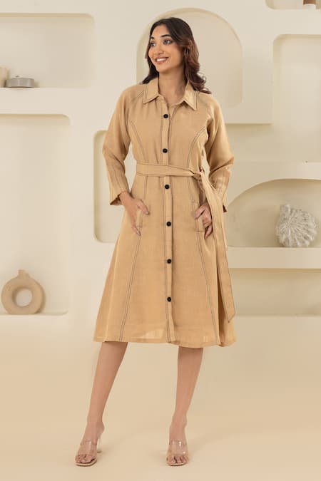 Savaaya Beige Linen Collared Blend Midi Dress With Belt 
