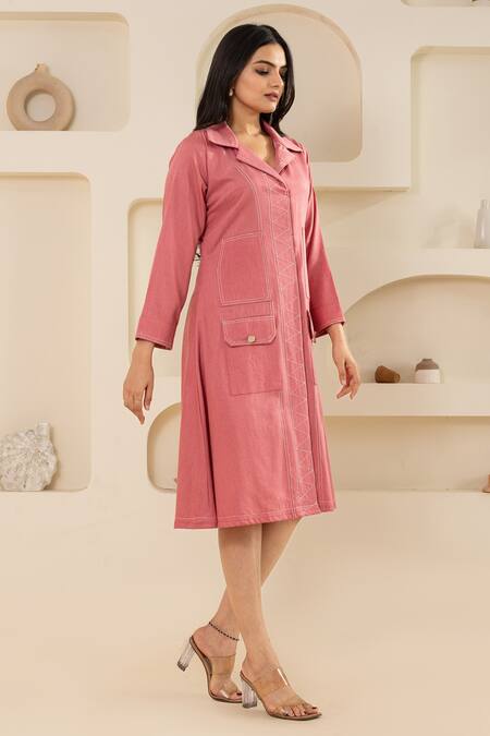 Savaaya Pink Cotton, Denim Collared Midi Dress Online at Aza Fashions Savaaya_Pink Cotton, Denim Collared Midi Dress _Online_at_Aza_Fashions
