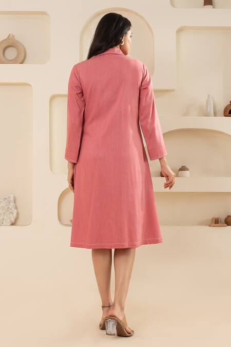 Shop Savaaya Pink Cotton, Denim Collared Midi Dress at Aza Fashions Shop_Savaaya_Pink Cotton, Denim Collared Midi Dress _at_Aza_Fashions
