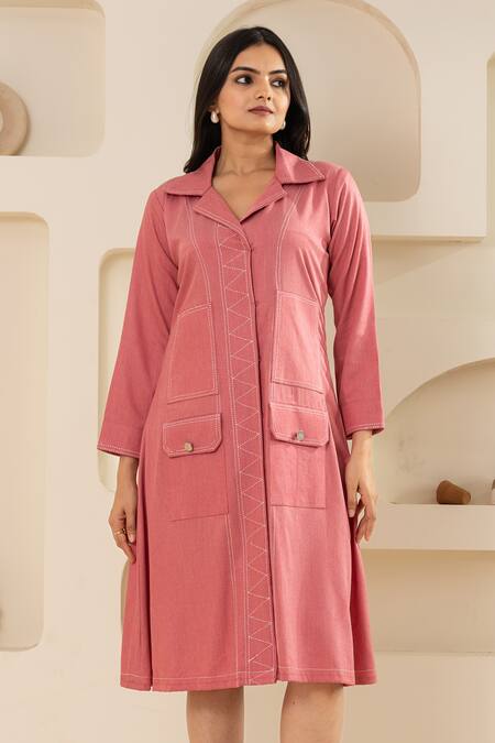 Buy Savaaya Pink Cotton, Denim Collared Midi Dress Online at Aza Fashions Buy_Savaaya_Pink Cotton, Denim Collared Midi Dress _Online_at_Aza_Fashions
