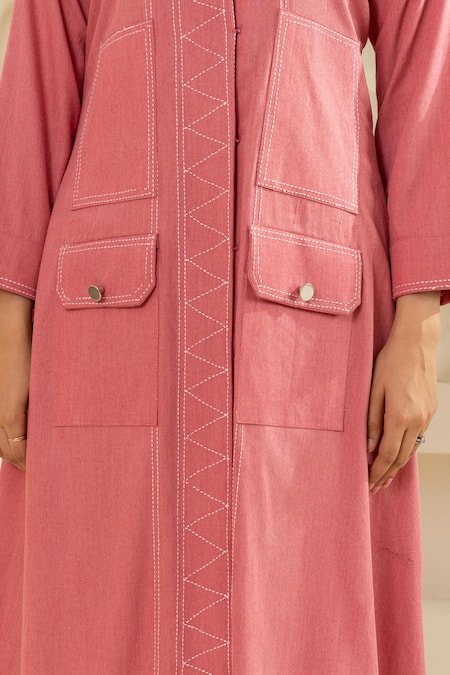 Shop Savaaya Pink Cotton, Denim Collared Midi Dress Online at Aza Fashions Shop_Savaaya_Pink Cotton, Denim Collared Midi Dress _Online_at_Aza_Fashions