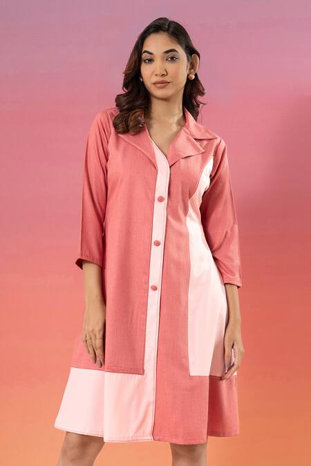 Savaaya Pink Cotton, Denim V-neck Light And Dark Midi Dress Online at Aza Fashions Savaaya_Pink Cotton, Denim V-neck Light And Dark Midi Dress _Online_at_Aza_Fashions